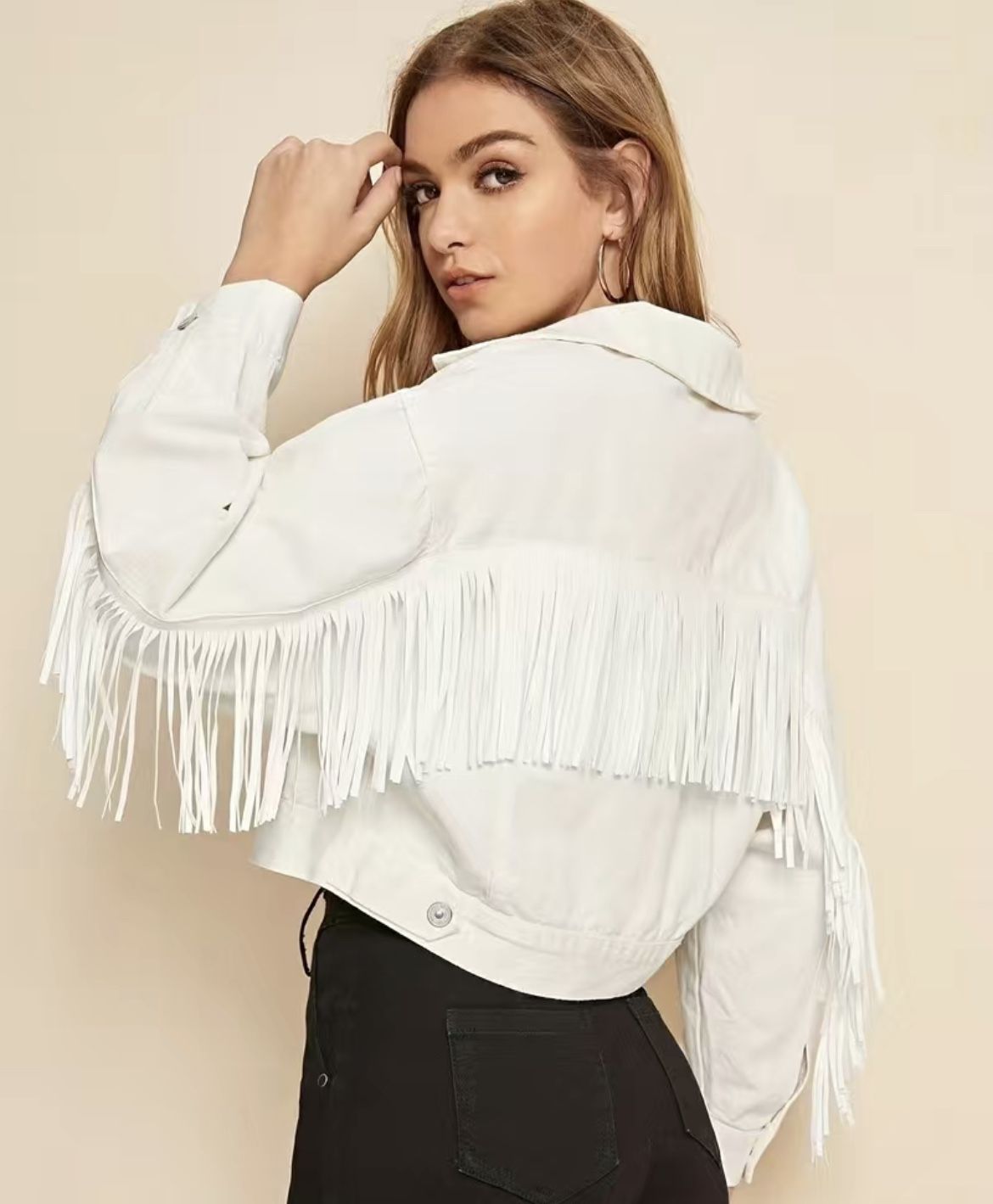 White Fringe Jean Jacket Long Sleeve