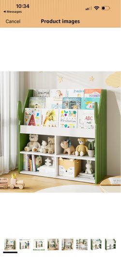 2-in-1 Kids Wooden Bookshelf and Toy Storage Organizer – 3-Tier Cactus Children's Bookcase with 4 Storage Cubbies, Forward-Facing Book Display Stand f
