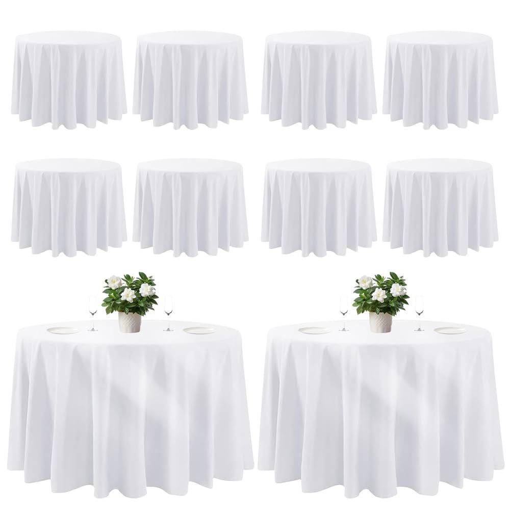 Cuckan 120 Inch Round Tablecloth, 10 Pack White Stain Resistant And Wrinkle-Free Polyester Table Cover For Wedding, Banquet, Party, Restaurant