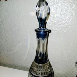 Vintage Clear Blue Diamond Floral Crystal Decanter 