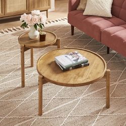 4001-MG  Dylan Coffee Table, Small Round Coffee Table Set, 2 Piece Solid Wood, Boho, Farmhouse, Rustic, Modern, Circle, Living Room Table, Nesting Tab