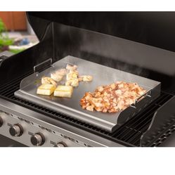 Skyflame Universal Stainless Steel Griddle Flat Top Plate with Even Heating Bracing for BBQ Charcoal/Gas Grills, Camping, Tailgating, and Parties 17" 