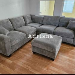4-pc Sectional Sofa With Ottoman Grey Corduroy Brand New