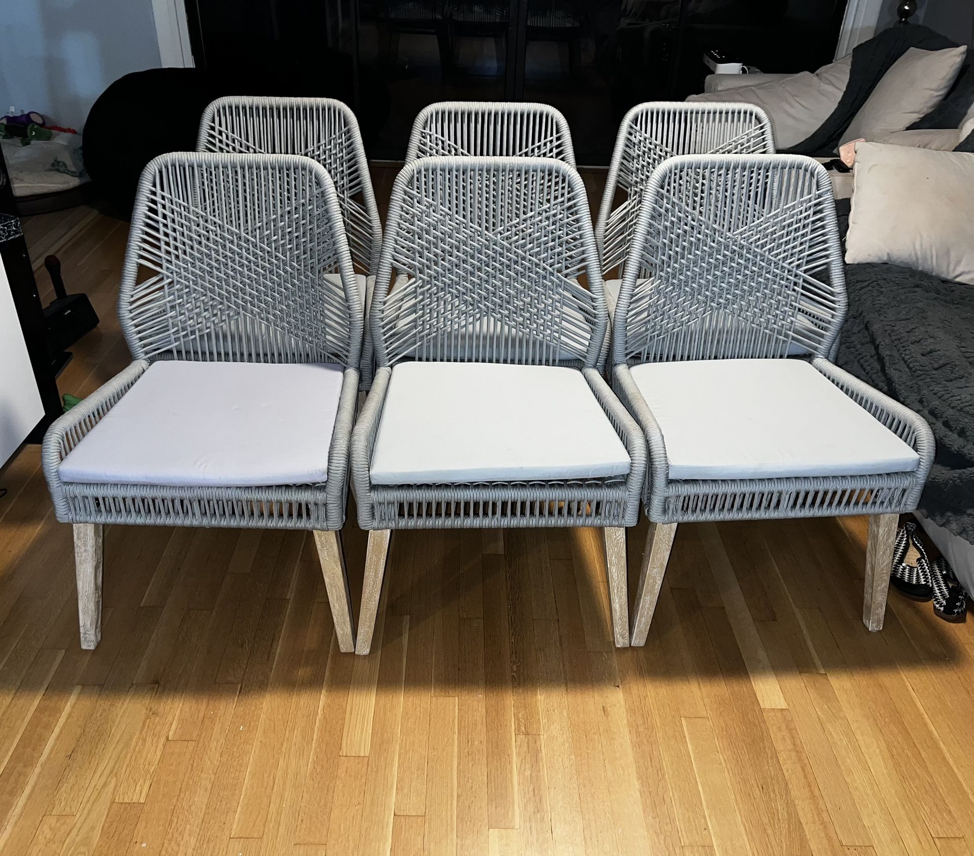 Woven-Back Dining Chairs with Grey Foam Cushions and Wash Finish, Sturdy Mango Wood Legs