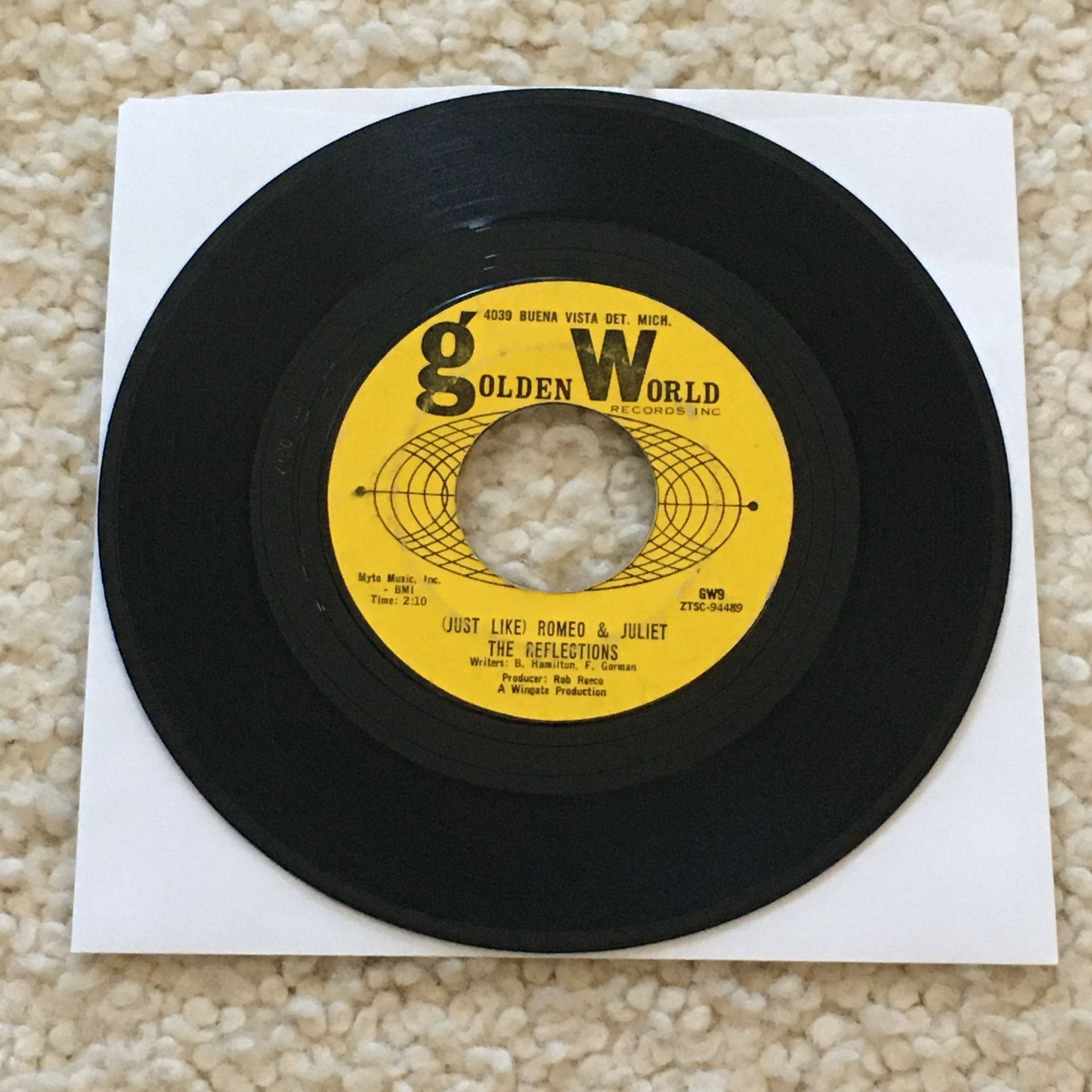 The Reflections “(Just Like) Romeo & Juliet” vinyl 7” single 1964 Golden World Records Original 1st Press Mono not a reissue very nice copy 60s North