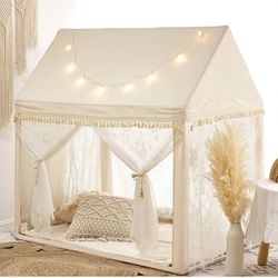  Kids Play Tent Large Playhouse with Mat/Star Light/Star Garland/Tassel Macrame Boho Style Indoor&Outdoor Play Tent for Kids, Neutral Color, 52x35x52