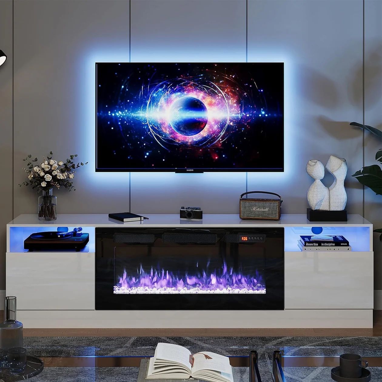 LED Light Entertainment Center, Modern Wood Texture Highlight Storage Cabinet for TVs Up to 80", 70 inches,White