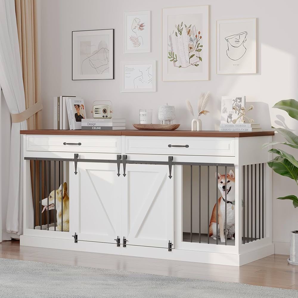 Style Dog Crate - Indoor Wooden Dog Kennel Furniture with 2 Sliding Barn Doors, 2 Drawers & Room Divider - 72" L x 23.6" W x 34" H - White