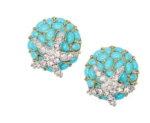 Kenneth Jay Lane Turquoise and Crystal Starfish Clip on earrings