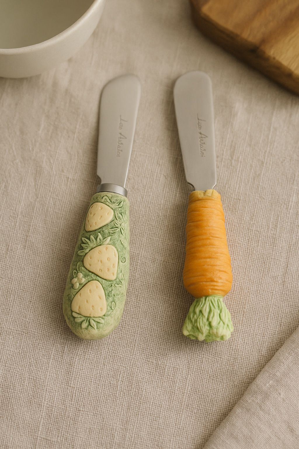 Joie De Vivre 1990s Funky Strawberry & Carrot Resin Handle Spreaders, 5” REPAIRED