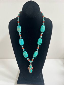 #4 Unique handmade 25 inch blue green, magma side and red Jasper Pendant Necklace