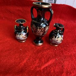 Set Of 3 24k Black & Gold Handmade In Greece Ceramic Greek Collectible Miniature Vases Imported From Greece