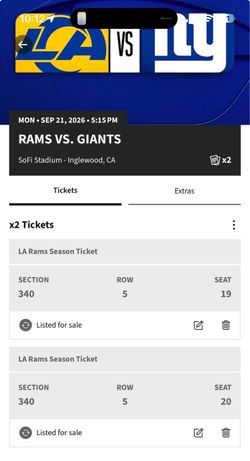 2x LA Rams vs Giants Tickets Sep 21 2026