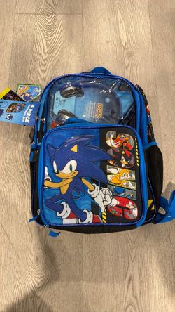 Sonic the Hedgehog 17” blue backpack 4 piece ( backpack, lunch bag, headphone, keychain)