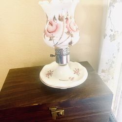 Vintage Milk Glass Table Lamp w/ Painted Roses & Gold Painted Leaves
