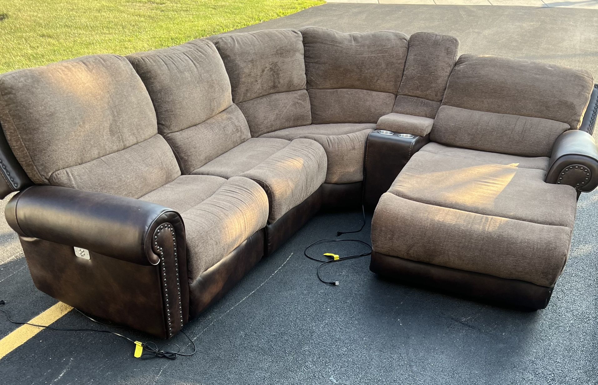 Light Brown Electric Powered Recliner Sectional Couch With Charging USB Ports And Leather Sides