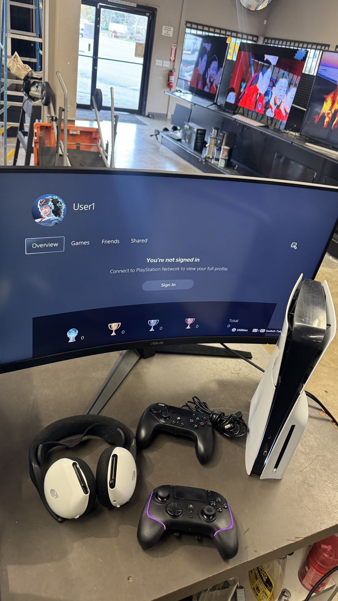 Sony PS5 Slim Disc Version bundle 2 controllers one wired  Headset  w ASUS  TUF gaming curved monitor 32”  no trades nothing sold separate pickup in T