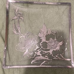 VINTAGE SQUARE STERLING SILVER OVERLAY GLASS SERVING TRAY