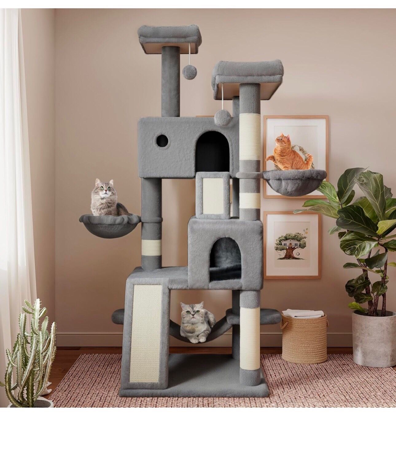 65in Larger Cat Tree Tower Condo for Indoor Cats, Multi-Level Furniture Activity Center with Wide Base/Cozy Plush Cat Perches/Baskets/Sisal Scratching