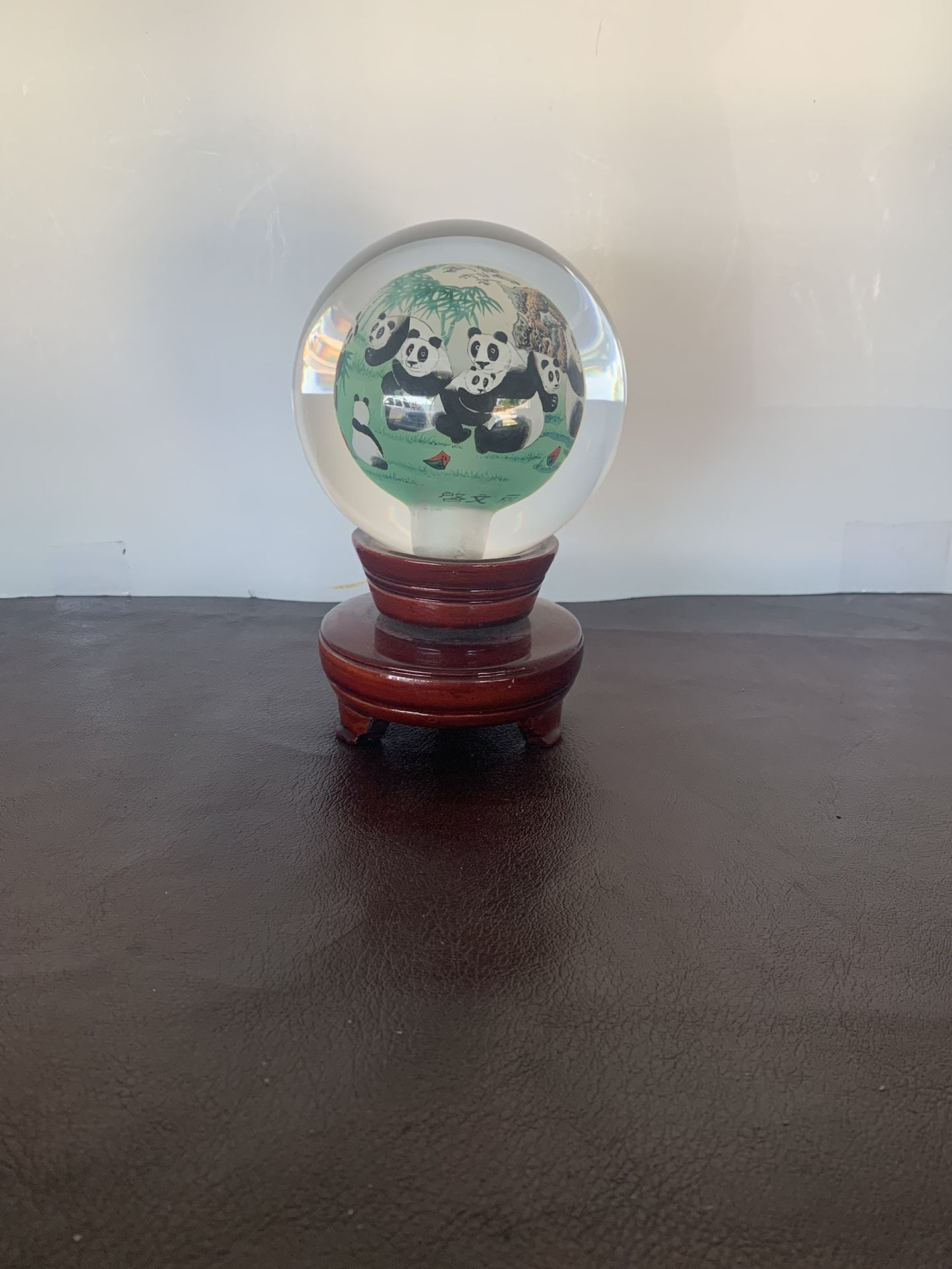 ORIENTAL Crystal Glass Reverse Hand Painted  PANDA BEAR GLOBE W/TEAK STAND