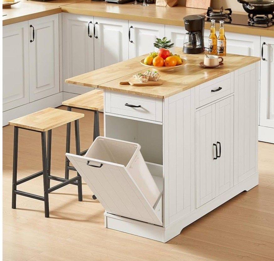 Stationary Kitchen Islands Include 2 Chairs, 47" Kitchen Island with Drop Leaf, Home Bar Table with Spice Rack & with Trash Cabinet, Island Table for