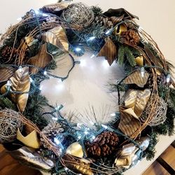 Brown Gold Glitter Winter Christmas Wreath w/ Lights Hanger & Storage Bag