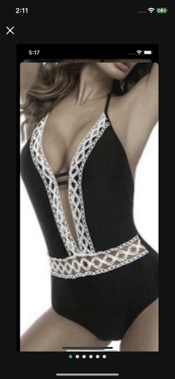 New Black vintage /Retro lace deep V / Plunge bathing suit /swimsuit/swimwear size Small