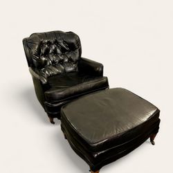 Vintage 1960s/70s Galax Chair Co. Black Tufted and Studded Lounge Chair with Ottoman