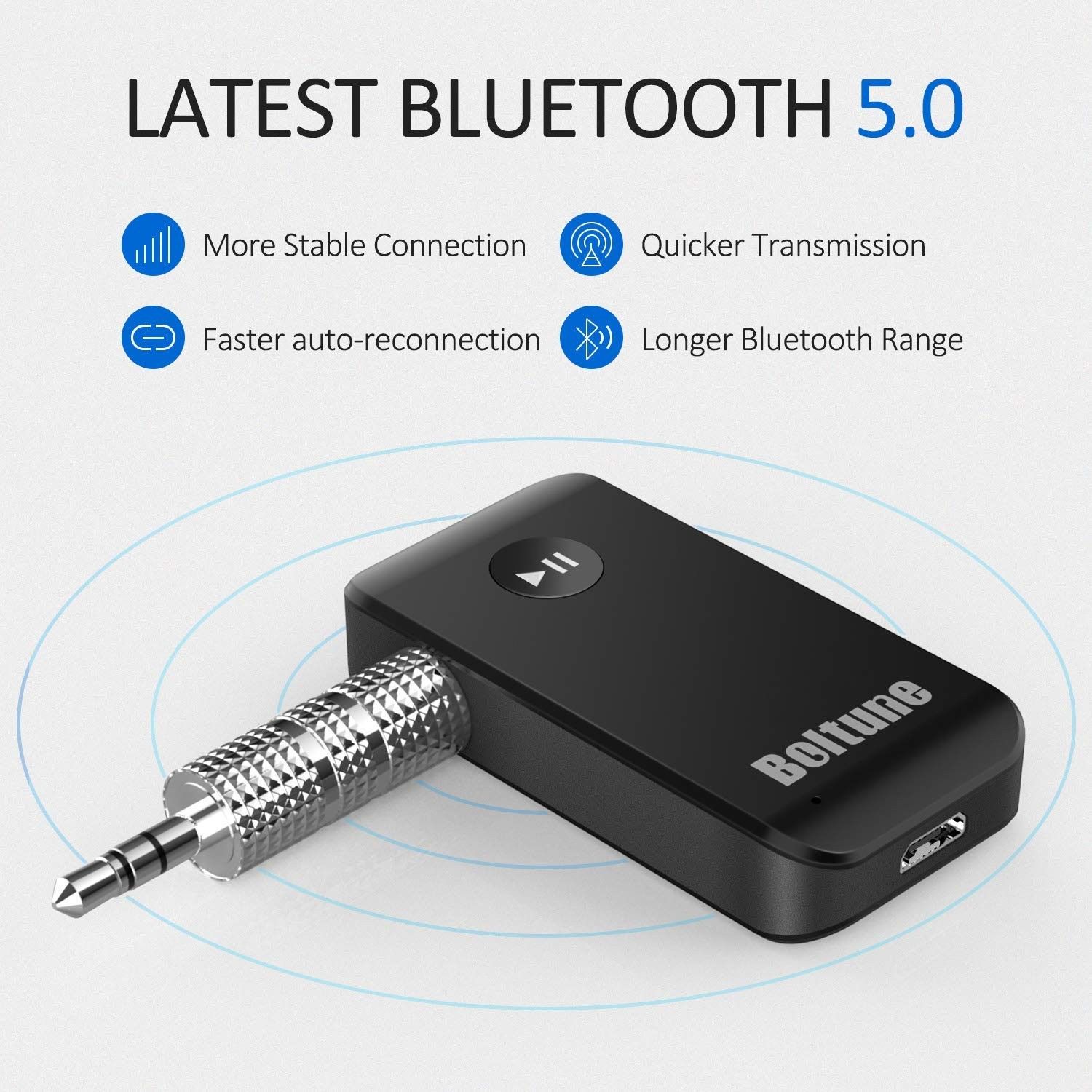 Bluetooth V5.0 aux Adapter, Boltune Audio Receiver Car Kit, for Home Hi-fi System