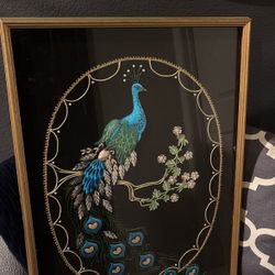  Peacock Wall Art MCM mid Century Bird Framed Silk Embroidery Sequins Beads Bling Vintage Handmade