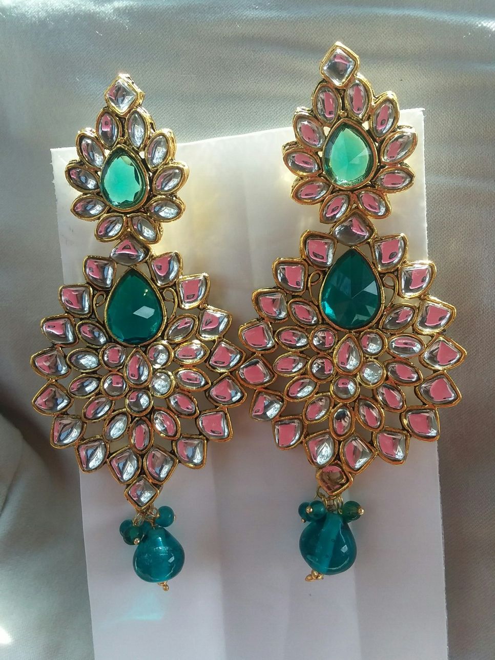 Beautiful Chandelier Aqua Green Yellow Gold Pierced Earrings