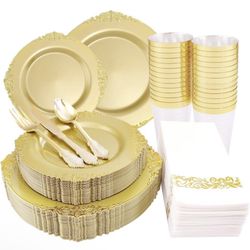 175PCS Solid Gold Plastic Plates with Gold Rim - Disposable Silverware