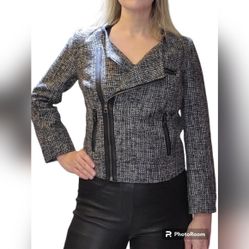Banana Republic Tweed Moto side zip leather trim blazer oversize 2 p2p 17.5"