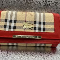 Authentic Burberry Red Leather Tri-Fold Wallet – Gold Hardware – Classic & Elegant