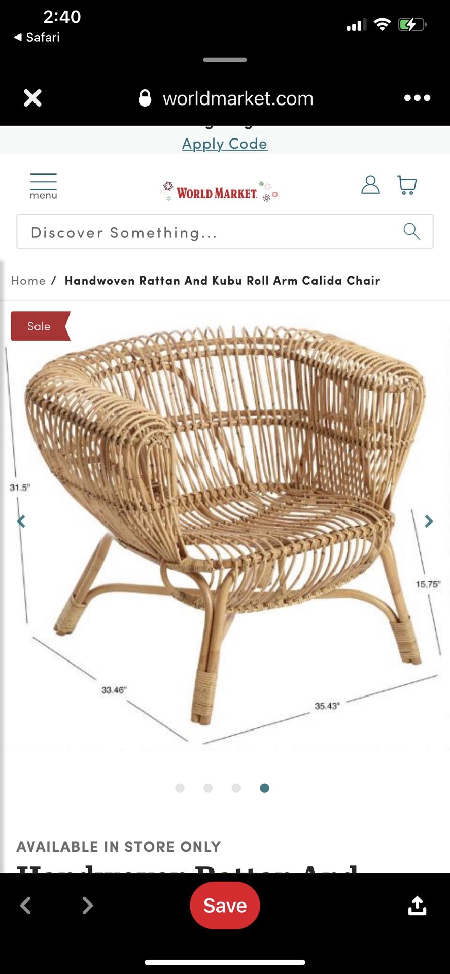 Handwoven Rattan and Kubu Roll Arm Calida Chair Used WORLD MARKET