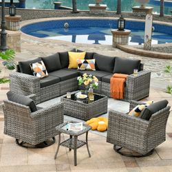 Ovios 9 Pieces Outdoor Patio Furniture with Swivel Rocking Chairs All Weather Wicker Patio Sectional Sofa for Balcony