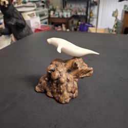 Vintage John Perry Small Sculpture Manatee On Carved Burl Wood Stand, Ocean Marine Life Decor 4.25"L X 3.5"H