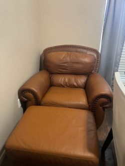 Oversized genuine leather chair and ottoman
