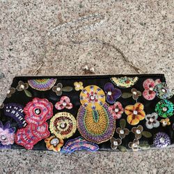 Beautiful Satin Embroidered Embellished Evening Clutch Bag Black EUC $25