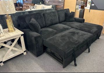 Black Corduroy Sectional Sofa with Pull-Out Bed