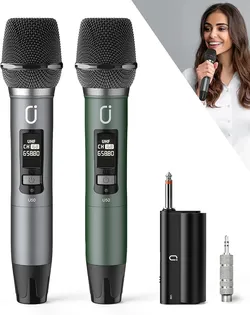 HWWR Wireless Microphones, Professional UHF Dual Microphones for Karaoke, Wireless Dynamic Microphone System Set with Rechargeable Receiver,Plug and P