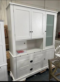 Assembled New Freestanding Buffet Cabinet with Adjustable Shelves and Drawers Glass DoorTall Storage