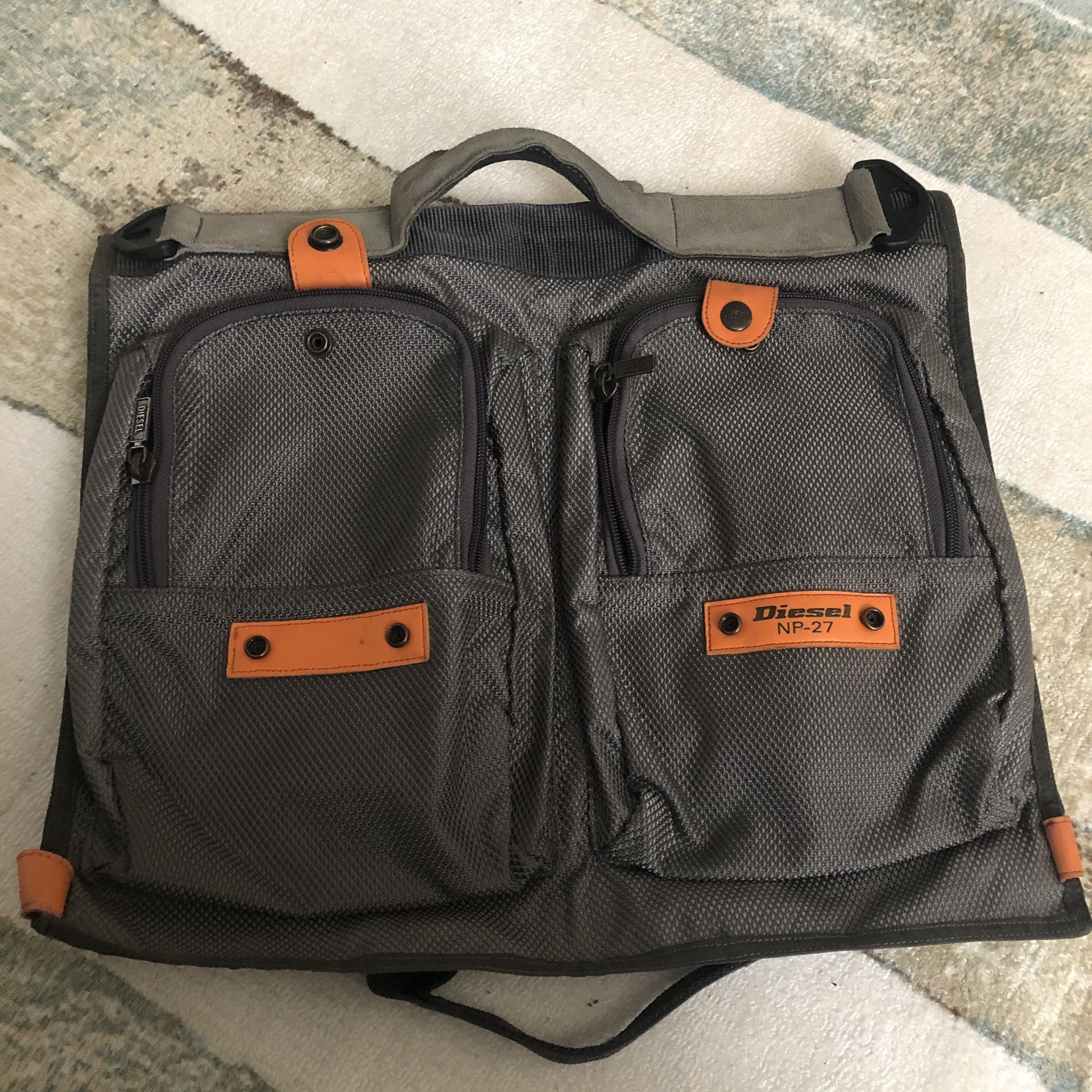 Diesel Nylon Computer Messenger Bag grey orange zipper pockets. Condition is "Pre-owned". Great Preowned condition but missing cross body strap. Stil