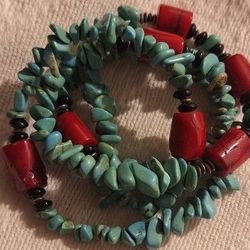 Old Natural Beautiful Hand Made Turquoise Nuggets / Coral Native American Beaded Necklace 