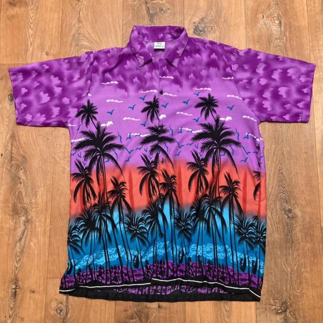 Island Shirtworks Palm Trees Tiki Hawaiian Shirt Aloha Men's Large Vintage 80s 90s Beach Birds Graphics