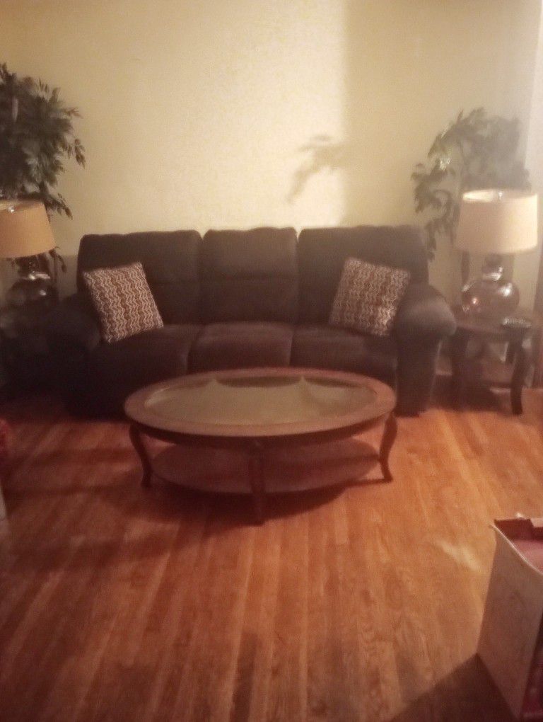 2 Recliner Couch and Loveseat with tables and lamps Plus55 In tv and stand. Will sell all for 450.00