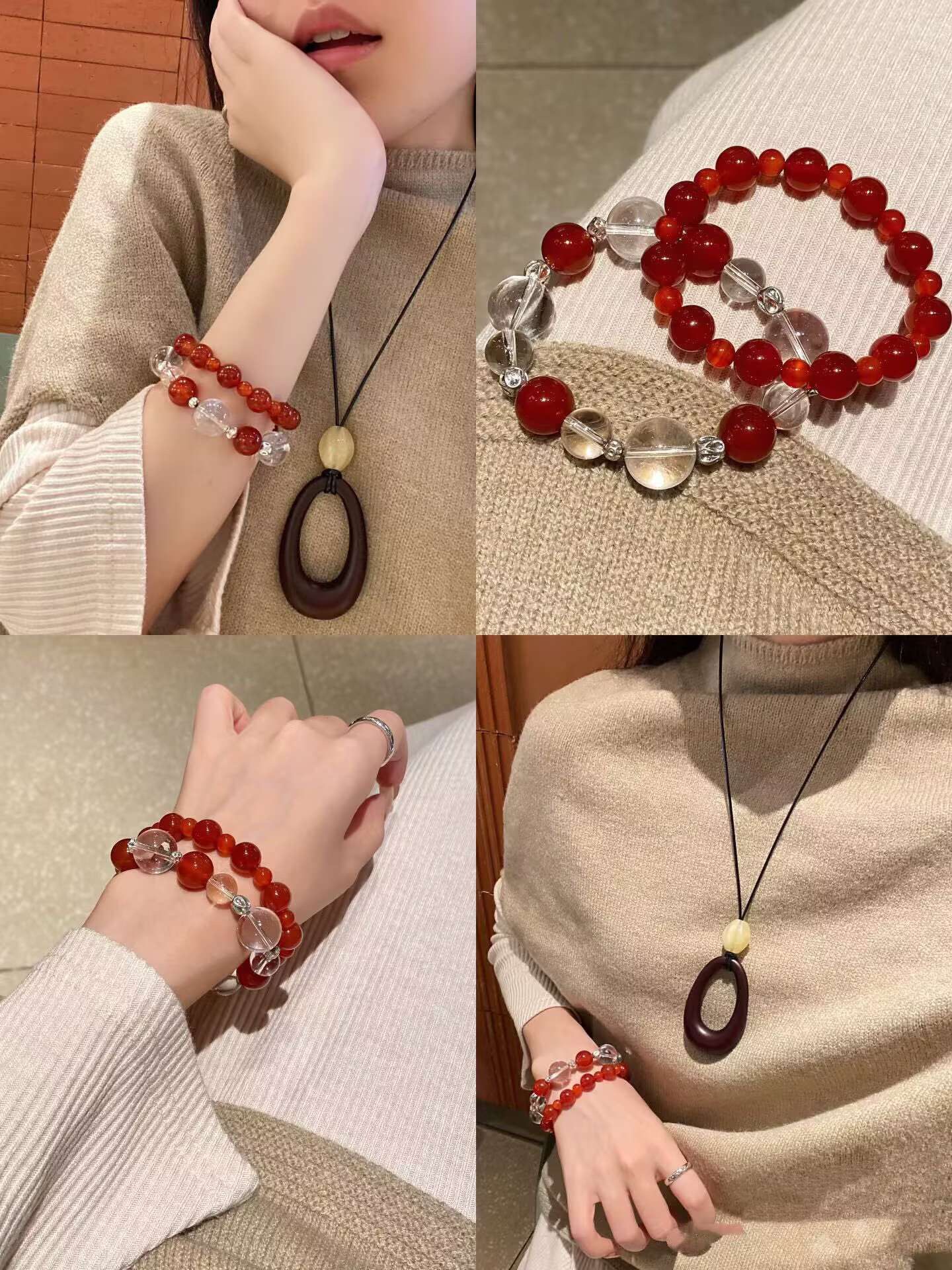 White crystal and red agate bracelet