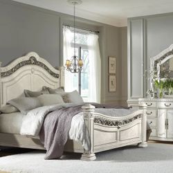 Brand New Antique White Post Bed Size Queen 4 Piece Bedroom Set