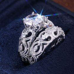 "Luxury Vintage Silver Flower Engagement/Wedding Ring Set for Couple, VIP275