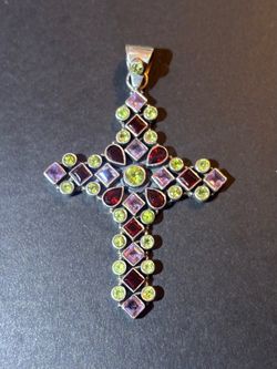 Large Sterling Silver Multi Gemstone Peridot Amethyst Religious Cross Pendant